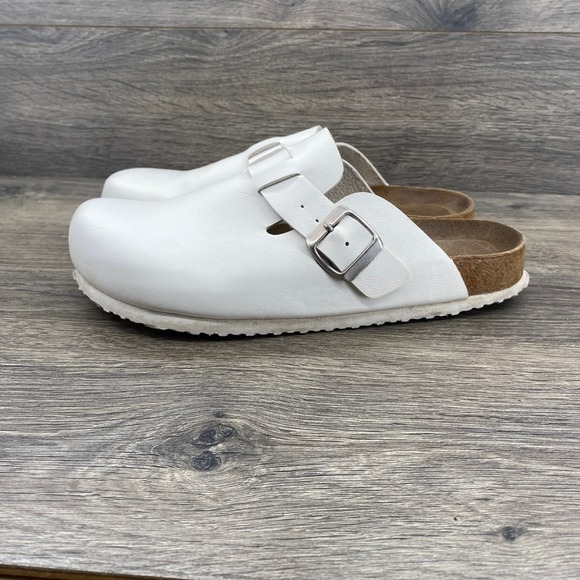 Cushionaire Shoes - Cushionaire Lane Cork Footbed Clogs Womens 9M White Vegan Leather Buckle Mules